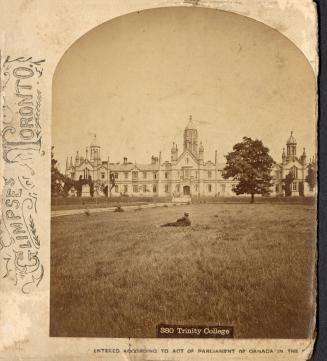 Half a stereoscope slide showing a man sitting on the lawn in front of a large building in the  ...