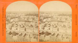 Pictures show the tops of house and building lining city streets.