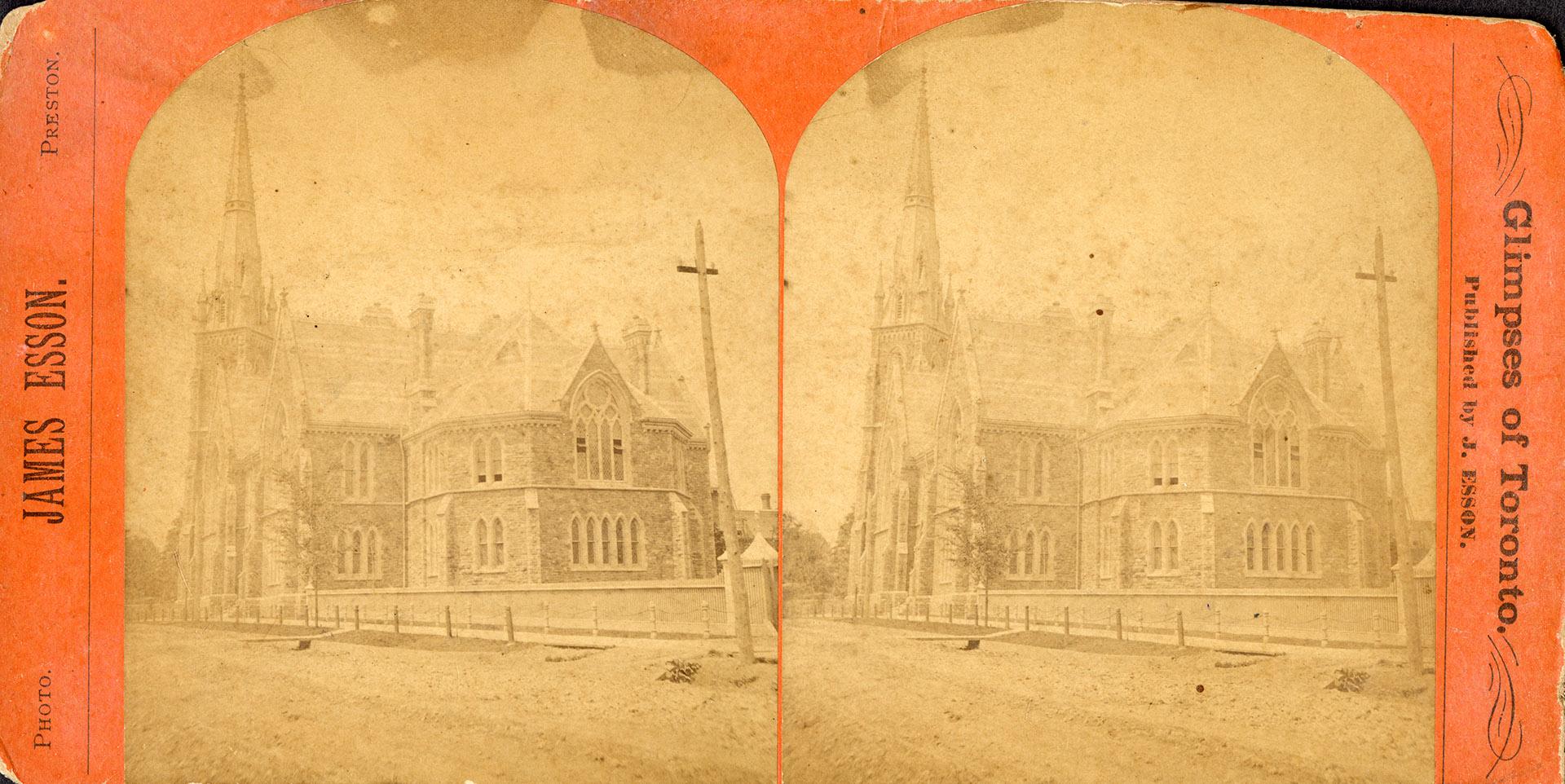 Pictures show a large stone church with a tall steeple.