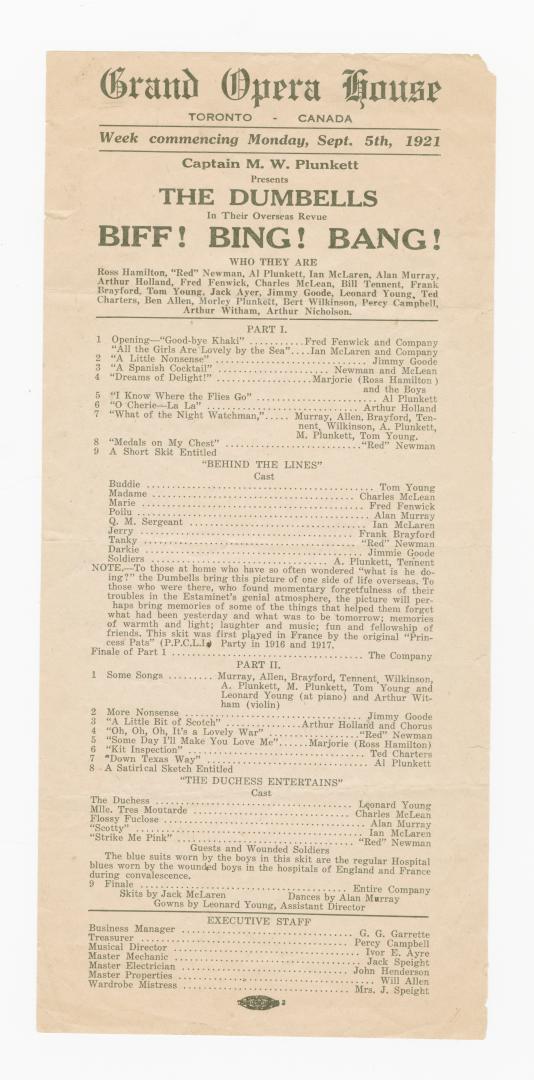 Playbill advertising the Dumbells' revue, "Biff! Bing! Bang!" at the Grand Opera House (Toronto…