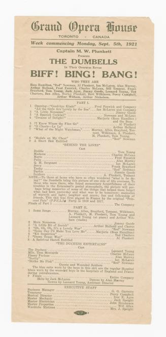 Playbill advertising the Dumbells' revue, "Biff! Bing! Bang!" at the Grand Opera House (Toronto…