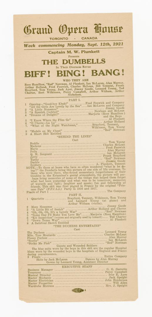 Playbill advertising the Dumbells' revue, "Biff! Bing! Bang!" at the Grand Opera House (Toronto…