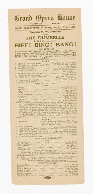 Playbill advertising the Dumbells' revue, "Biff! Bing! Bang!" at the Grand Opera House (Toronto…