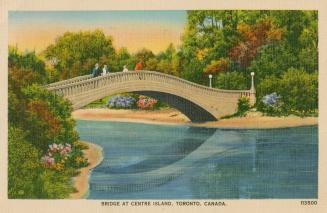 Colorized photograph of people walking on a curved bridge spanning lagoon.