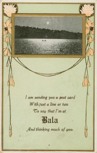 Photograph of a canoe on a lake adorns a green card with a poem.