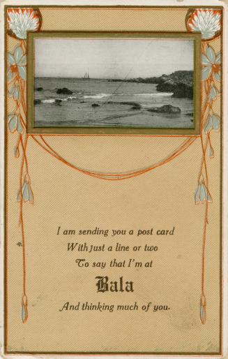 Photograph of a rocky lakeshore adorns a taupe card with a poem.