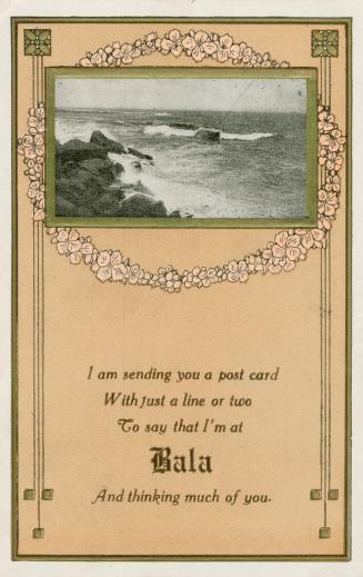 Photograph rocky lakeshore adorns a tan card with a poem.