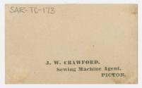 The back of the card contains text stating, "J.W. CRAWFORD, Sewing Machine Agent, Picton."
