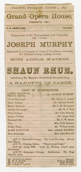 Fragment of a Grand Opera House program for "Shaun Rhue", playing March 1, 1883 (black ink on u…