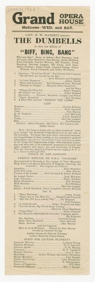 Playbill advertising the Dumbells' revue, "Biff! Bing! Bang!" at the Grand Opera House (Toronto ...