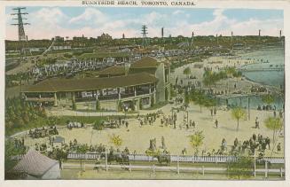 Large amusement park with multiple buildings and a beach. 