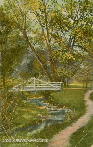 Picture of a wooden bridge spanning a narrow creek in a wooded area.