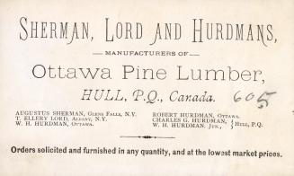 Black and white trade card advertisement consisting of text stating, "Sherman, Lord and Hurdman ...