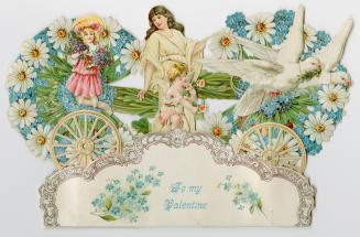 A lady in cream coloured robes drives a carriage made of blue and white flowers. The carriage i ...