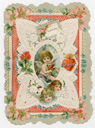 A folded lace card. In the center of the card a cherub child sits under a tree holding a bouque ...