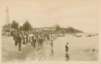 People standing on a beach with some in the water and amusement park in background. 