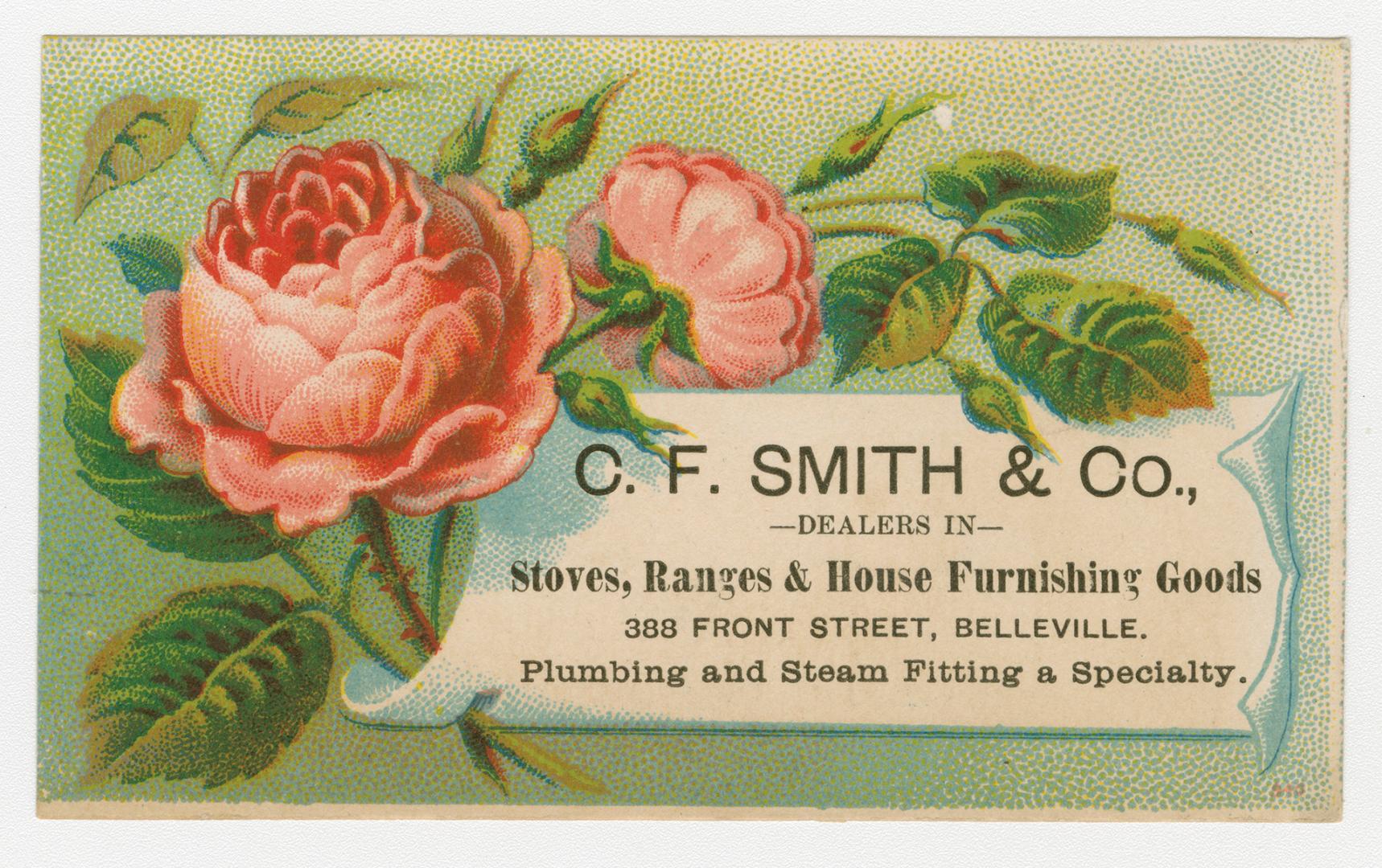 Colour trade card advertisement depicting an illustration of pink flowers with caption, "C.F. S ...