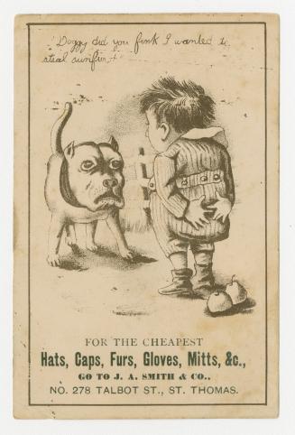 Black and white (actually brown and beige) trade card advertisement depicting a dog and boy pla ...