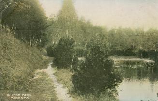 A path runs beside a lake in a wooded area.