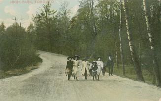 Eight people walking on a road running through a wooded area.