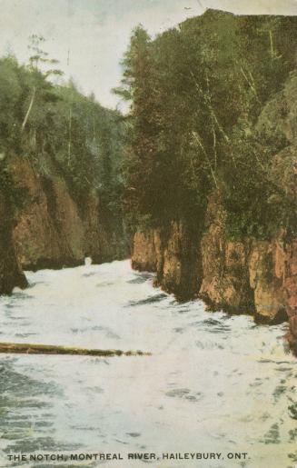A rushing river with high cliffs and trees on either side.