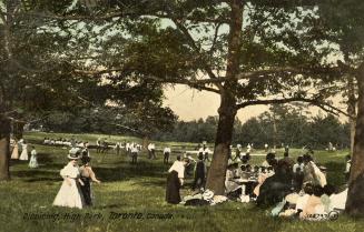 A large crowd of people enjoying themselves in a tree lined park.
