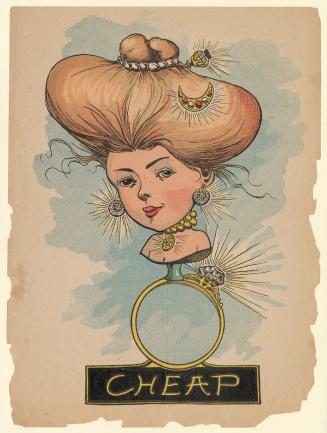 A vinegar valentine. A woman's bust is attached to a ring. She wears lots of shiny jewellery.