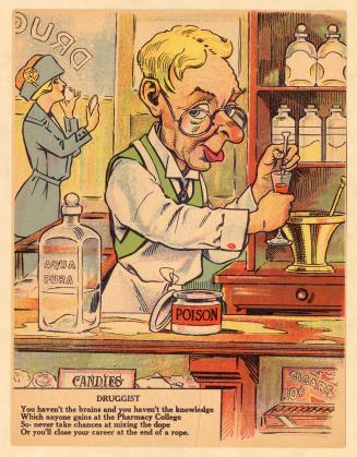 A vinegar valentine. A pharmacist mixes something in a small glass. On the counter beside him s ...