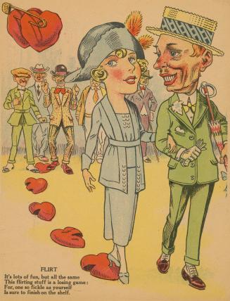 A vinegar valentine. A man and woman walk arm in arm. Behind them a group of disgruntled men wa ...