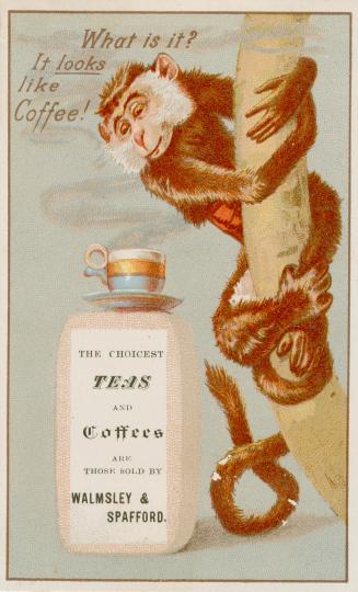 Colour trade card advertisement depicting an illustration of a monkey looking at a cup of coffe ...