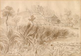An illustration of a settlement located on a hill beside a river, with two wood buildings surro ...