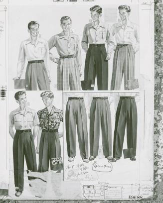 A photograph of a mock-up of a page from a catalogue, with illustrations of boys wearing a vari ...