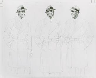 A photograph of an unfinished pencil drawing of three men wearing hats and overcoats.