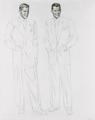 A photograph of an unfinished pencil sketch of two men wearing suits and ties.