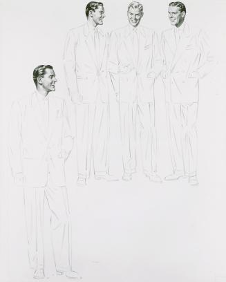 A photograph of an unfinished pencil sketch of four men wearing suits and ties.