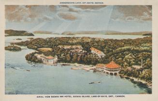 Aerial photograph of resorts on a shoreline of a lake.
