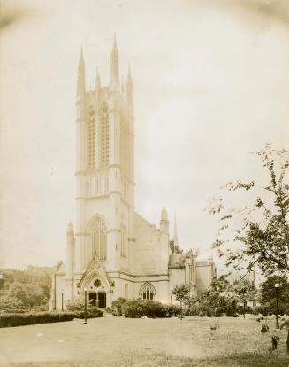 Picture of front view of large cathedral church. 