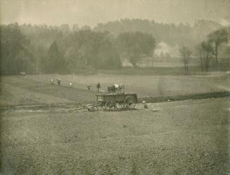 A photograph of a farm, with a wooden wagon in the middle of a field and eight people seeding r ...