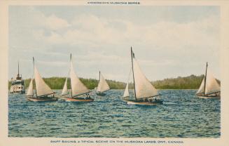 Five sailboats and a steamship on a lake.