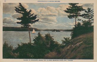 Two sailboats on a lake with trees and rocks in the foreground.