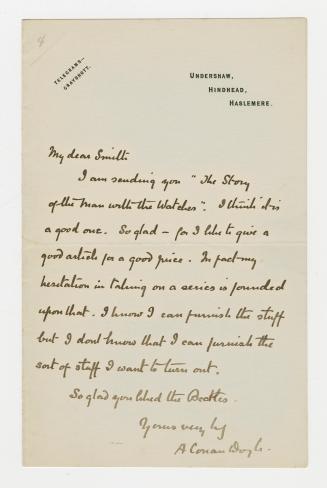 Manuscript letter in Arthur Conan Doyle's handwriting. 