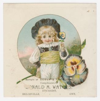 Colour trade card advertisement depicting an illustration of a child with a big black hat holdi ...
