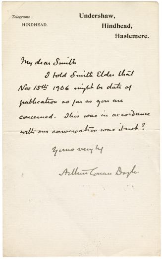 Manuscript letter written in Arthur Conan Doyle's handwriting. 