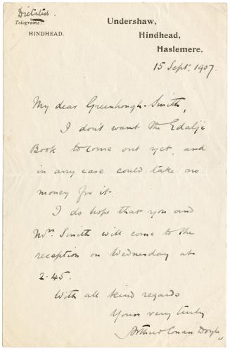 Manuscript letter written in Arthur Conan Doyle's handwriting. 