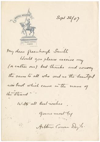 Manuscript letter written in Arthur Conan Doyle's handwriting.