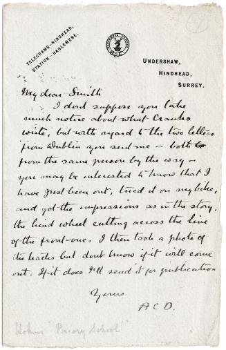 Manuscript letter written in Arthur Conan Doyle's handwriting. 