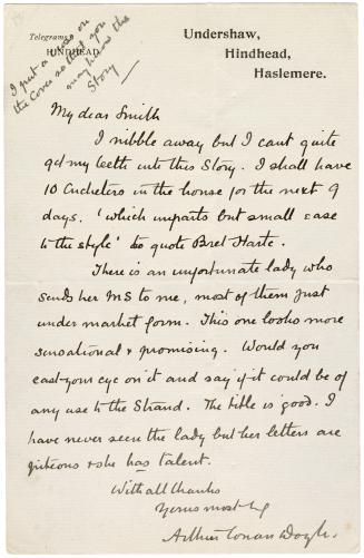 Manuscript letter written in Arthur Conan Doyle's handwriting. 