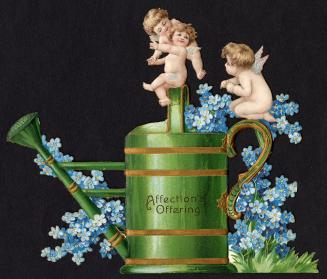 Die cut. Three tiny cherubs sit atop a large green and gold watering can. They are surrounded b ...