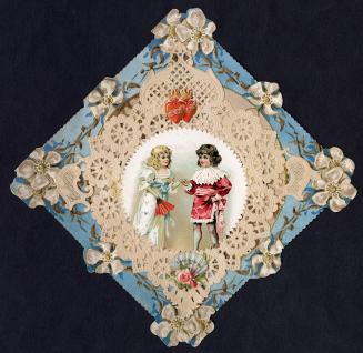 A folded lace card.A boy holds a girl's hand as they look at each other. They are framed by bei ...