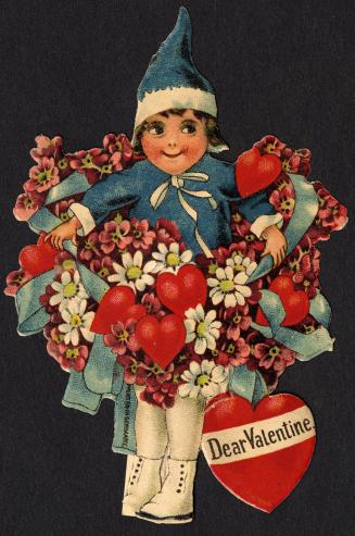 A child stands, smiling, with flowers, hearts and ribbons wrapped around them. Printed in Germa ...